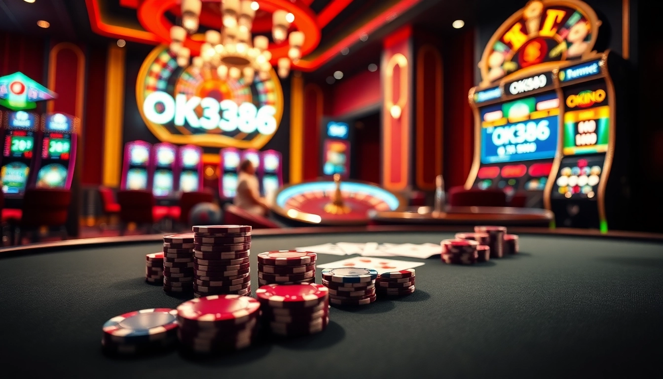 Experience the thrill of gambling at OK8386 with luxurious casino tables and vibrant slot machines.