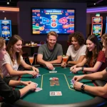 Group enjoying aud77 gaming experience at a lively casino.