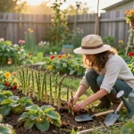 Gardener nurturing asparagus plants in a vibrant home garden, spargel pflanzen kaufen made easy with organic gardening tools.