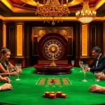 Play at a vibrant poker table in a luxurious casino, featuring tr88 poker chips and elegant decor.