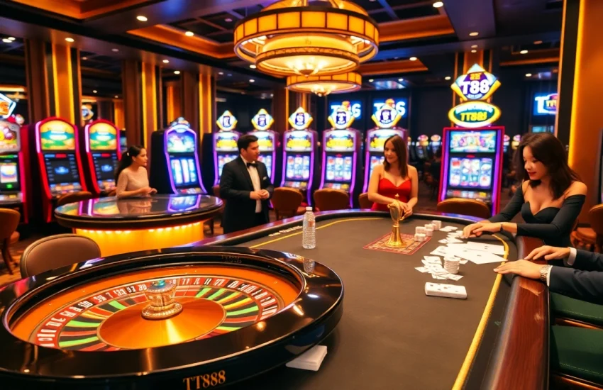 Experience the excitement of TT88 with a vibrant casino atmosphere featuring roulette and slot machines.
