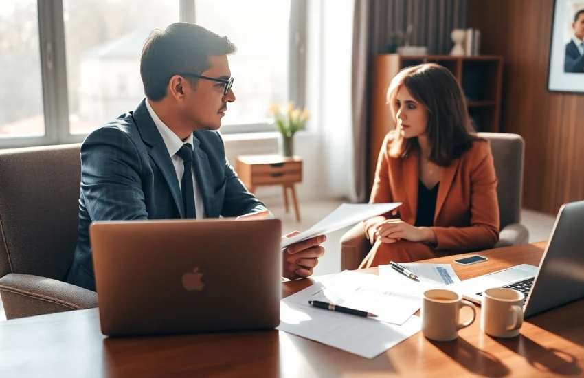 Recht und Finanzen Ratgeber: Beratungsszene zwischen Anwalt und Klient im Büro mit juristischen Unterlagen.