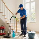 professionelle Treppenhausreinigung in Münster mit einem Reinigungskraft, der Sauberkeit in einem hellen Treppenhaus aufrechterhält