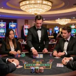 tg88 players showing skill at a blackjack table in a vibrant Las Vegas casino.