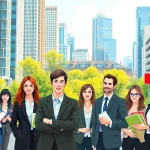Immobilien Deutschland: Immersive view of real estate agents in a vibrant German city.