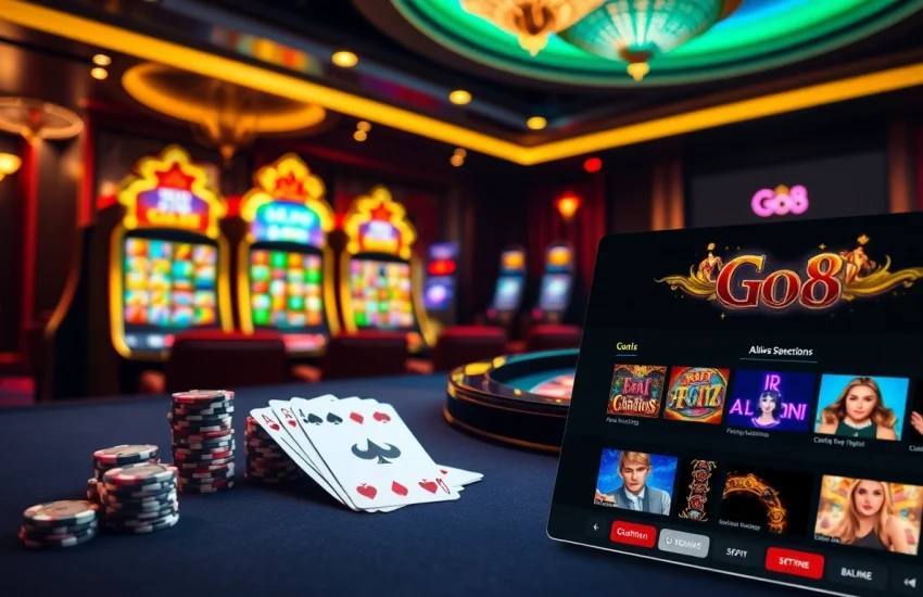 Experience the thrill of Go8 with vibrant casino visuals featuring poker chips and roulette.