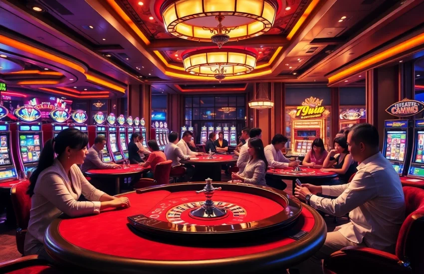 Players at a luxurious 79win casino table, engaged in high-stakes poker.