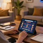 Engaged player at home using https://rr88.center/ on tablet to explore online casino games, highlighting a cozy gaming setup.
