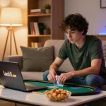 Engaging in online poker on luck8.com, with a cozy home gaming atmosphere and focus on strategy.
