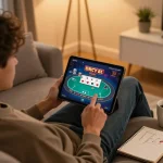 Person enjoying online gaming on lc88 with poker interface in a stylish home atmosphere.