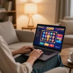 Engaging online gaming experience at QQ88 with vibrant casino interface on laptop, cozy home atmosphere.