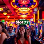 Menangkan Slot77 dengan senyum ceria pemain di kasino yang berwarna-warni.