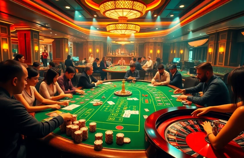Xin88 casino scene with vibrant tables, chips, and players enjoying high-energy games.