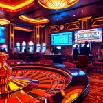 Engage in thrilling online gambling at https://rr99.uk.com/ with a vibrant casino scene featuring roulette and slot machines.