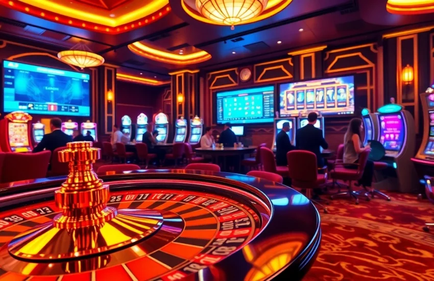 Engage in thrilling online gambling at https://rr99.uk.com/ with a vibrant casino scene featuring roulette and slot machines.