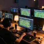 Alo789 user engaging with live betting interface at home with multiple screens displaying sports events.