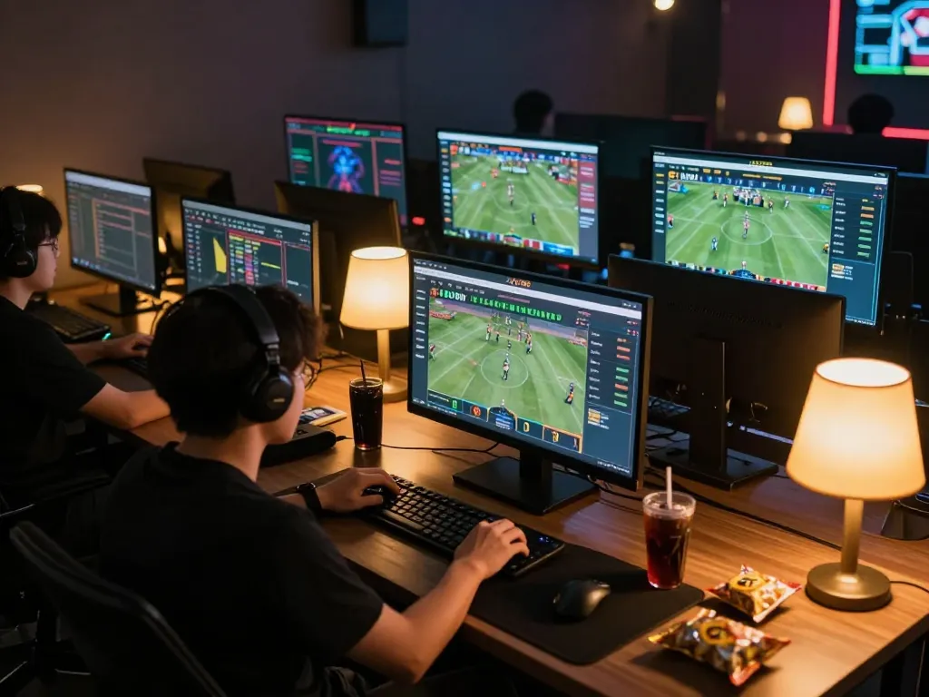 Alo789 user engaging with live betting interface at home with multiple screens displaying sports events.