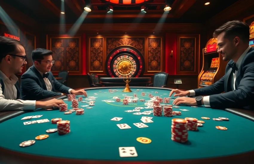 SC88 poker scene with players, chips, and roulette wheel showcasing excitement.