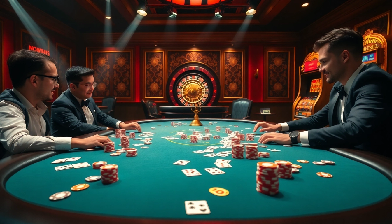 SC88 poker scene with players, chips, and roulette wheel showcasing excitement.