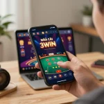 Explore Nhà cái 3WIN while playing live dealer games on a smartphone, capturing an engaging online casino experience.