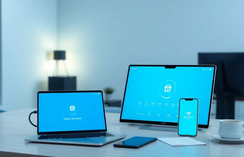 快连官网应用界面显示在笔记本电脑上，配有智能设备，象征安全连接与用户友好功能。