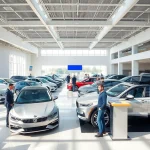 Auto kaufen in einem modernen Autohaus mit mehreren Fahrzeugen in einem hellen Raum.