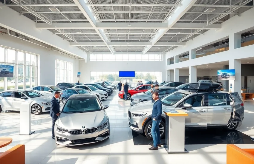 Auto kaufen in einem modernen Autohaus mit mehreren Fahrzeugen in einem hellen Raum.