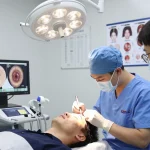 Haartransplantation Türkei Verfahren, das die Sapphire FUE-Technik in einer modernen Klinik zeigt.