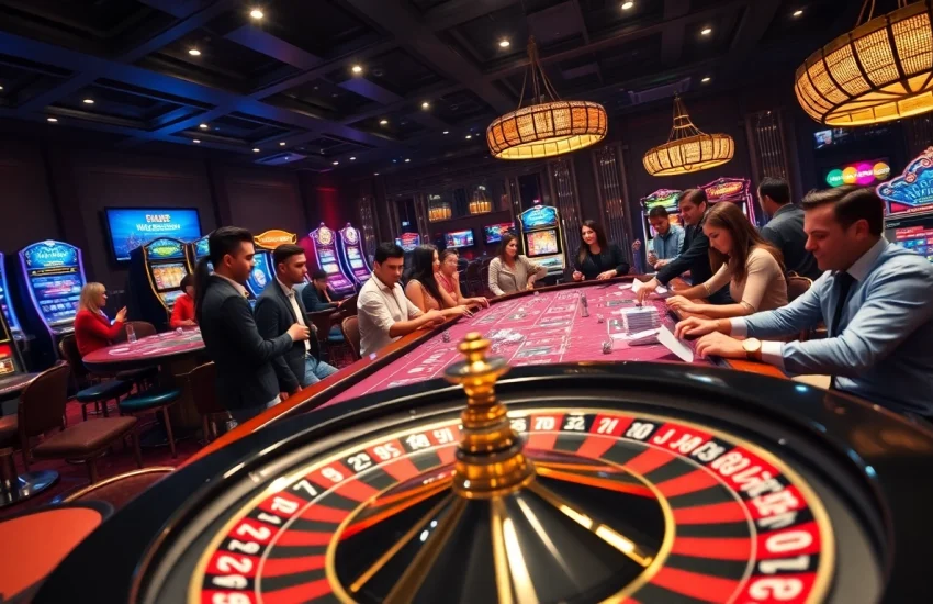 Players enjoying a thrilling game at 789club casino with engaging table games and vibrant slot machines.