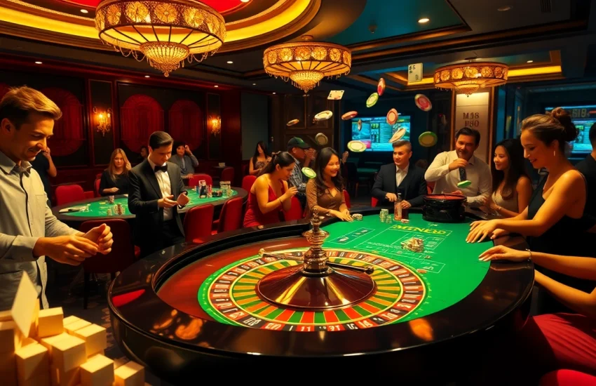 Experience the thrill of gaming at MM88 Casino with roulette and lively gamblers.