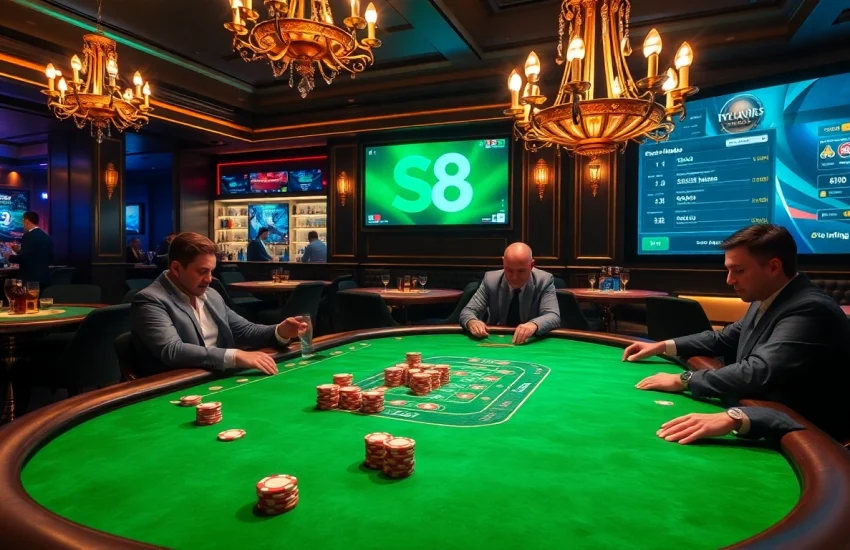 Players engaging at a poker table showcasing Nhà cái S8's thrilling casino atmosphere.