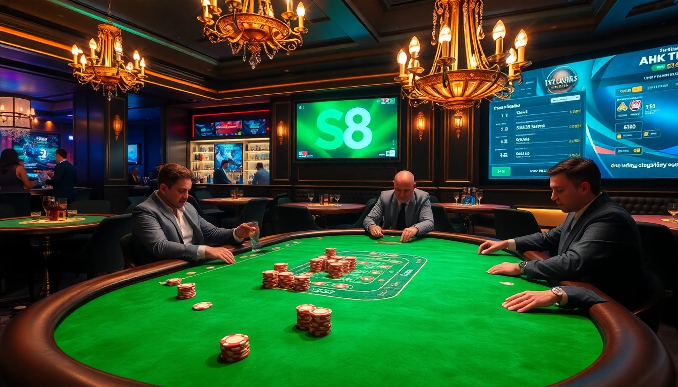 Players engaging at a poker table showcasing Nhà cái S8's thrilling casino atmosphere.