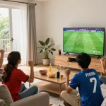 Fans celebrating football matches live on Luong Son TV in a vibrant living room atmosphere.