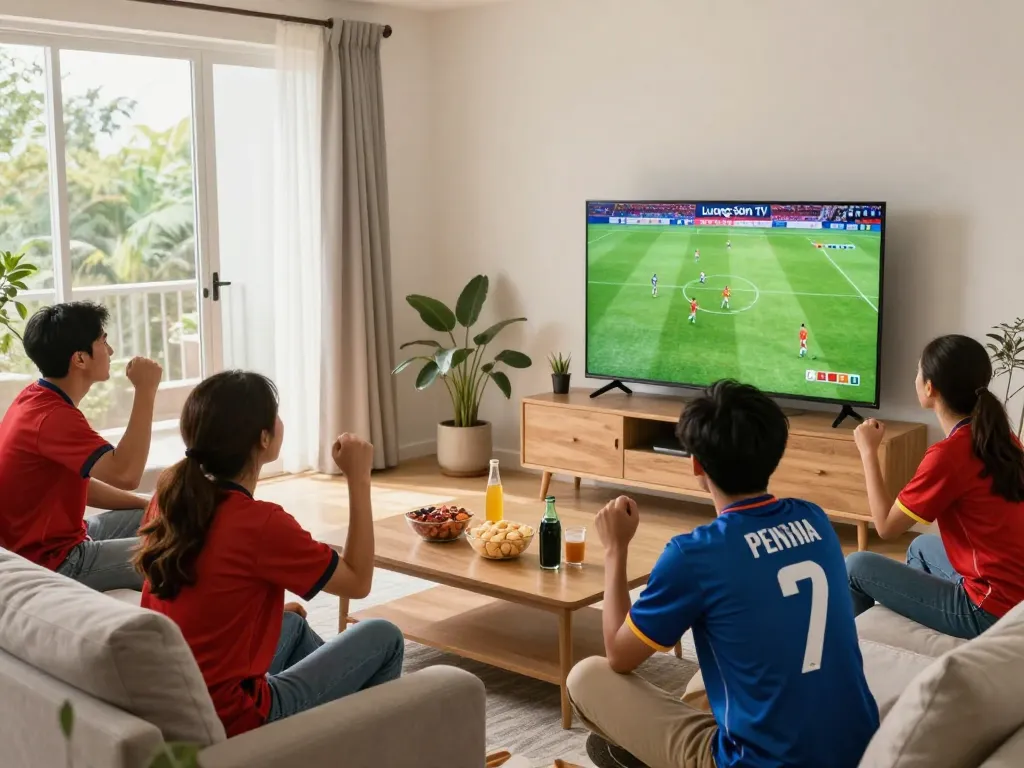 Fans celebrating football matches live on Luong Son TV in a vibrant living room atmosphere.
