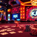 KJC casino experience with elegant poker table and roulette wheel, showcasing vibrant gaming atmosphere.