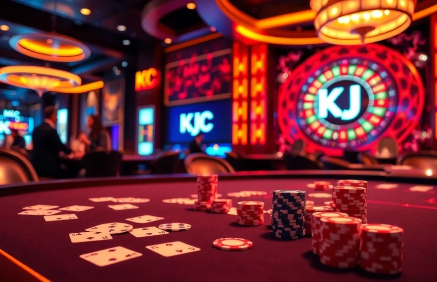 KJC casino experience with elegant poker table and roulette wheel, showcasing vibrant gaming atmosphere.