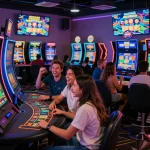 Exciting gaming atmosphere in 娛樂城 with friends enjoying slot machines and card games.