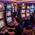 Players celebrating wins at interactive slot machines, showcasing the excitement of gambling.