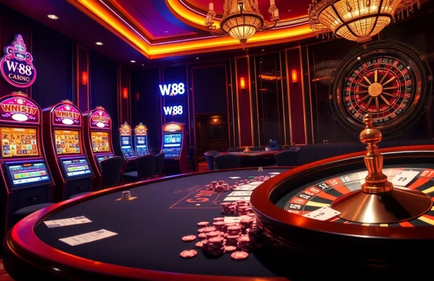 W 88 poker players engaging in a thrilling game amidst vibrant casino vibes.