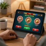Person engaged in online gambling at https://vmax88vip.com/ using tablet with live dealer game, creating an inviting atmosphere.
