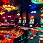Experience excitement at NK88 casino with vibrant tables, rich colors, and engaging gambling action.
