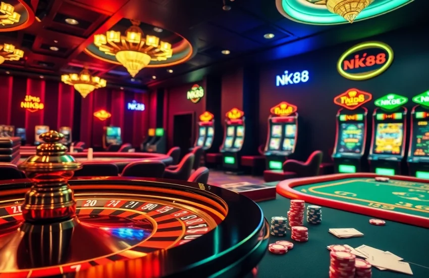 Experience excitement at NK88 casino with vibrant tables, rich colors, and engaging gambling action.