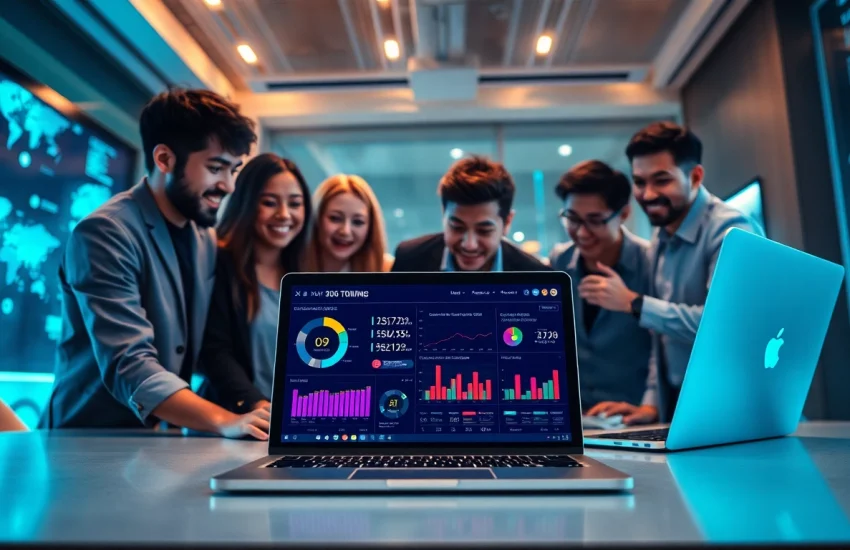 快连官网界面在现代笔记本电脑上显示于协作科技工作空间，展示卓越的网络性能。