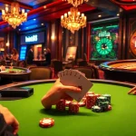 Players celebrating a win at a poker table in a luxurious casino scene featuring mint88 elements.