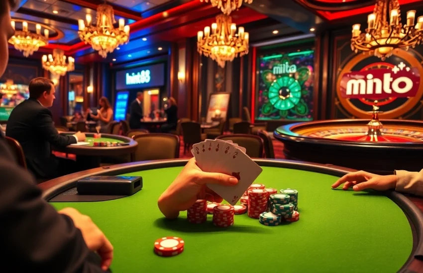 Players celebrating a win at a poker table in a luxurious casino scene featuring mint88 elements.