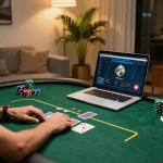 Player enjoying an exciting poker game on 23WIN's user-friendly platform at home.
