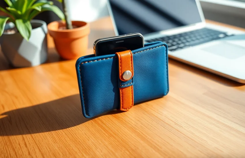 Funktionale abschließbare Handytasche auf einem modernen Schreibtisch präsentiert, mit klaren Details und einem eleganten Design.