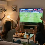 Cà Khịa TV viewing experience with friends watching a live football match on a big screen.