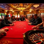 F168 casino players engaged in an intense poker game, showcasing high-class excitement and strategy.