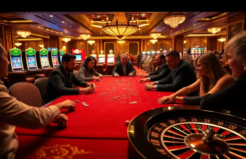 F168 casino players engaged in an intense poker game, showcasing high-class excitement and strategy.